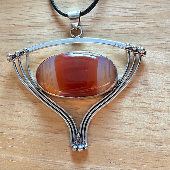 New Large Unique Orange Sardonyx Agate Silver Overlay Stone Pendant Necklace - Picture 6 of 9